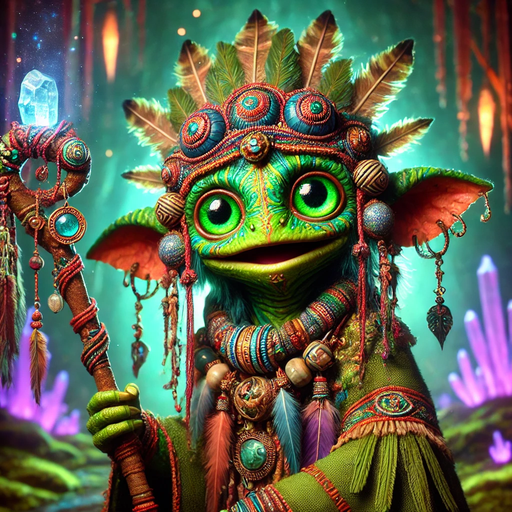 Midlife chaman - a green creature with elaborate decorations and mystical elements
