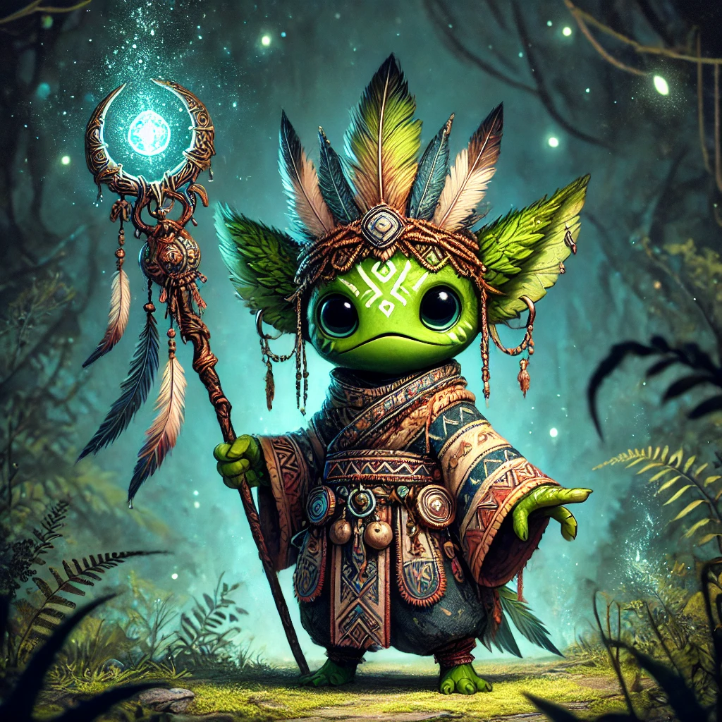 Young chaman - a small green creature with a staff and ceremonial attire